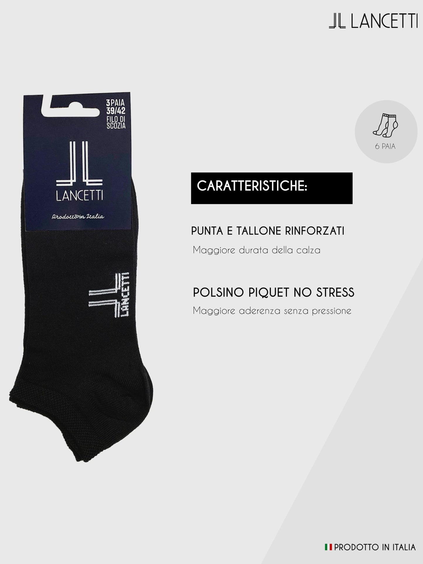 LANCETTI -6 paia di calzini corti uomo o donna, calzini in filo di cotone di Scozia – comfort e qualità
