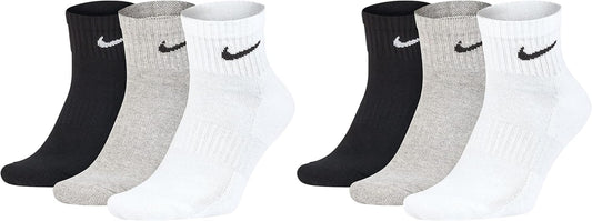 Nike 6 paia di calzini corti da uomo e donna, alla caviglia, colore bianco, nero, set risparmio SX7667 Everyday Cotton Cushioned alla caviglia, calzini sportivi taglia 34 36 38 40 42 44 46 48 50,